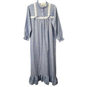Vintage Long Flannel Nightgown L Blue Ruffle Lace Trim USA Cottagecore Grandma